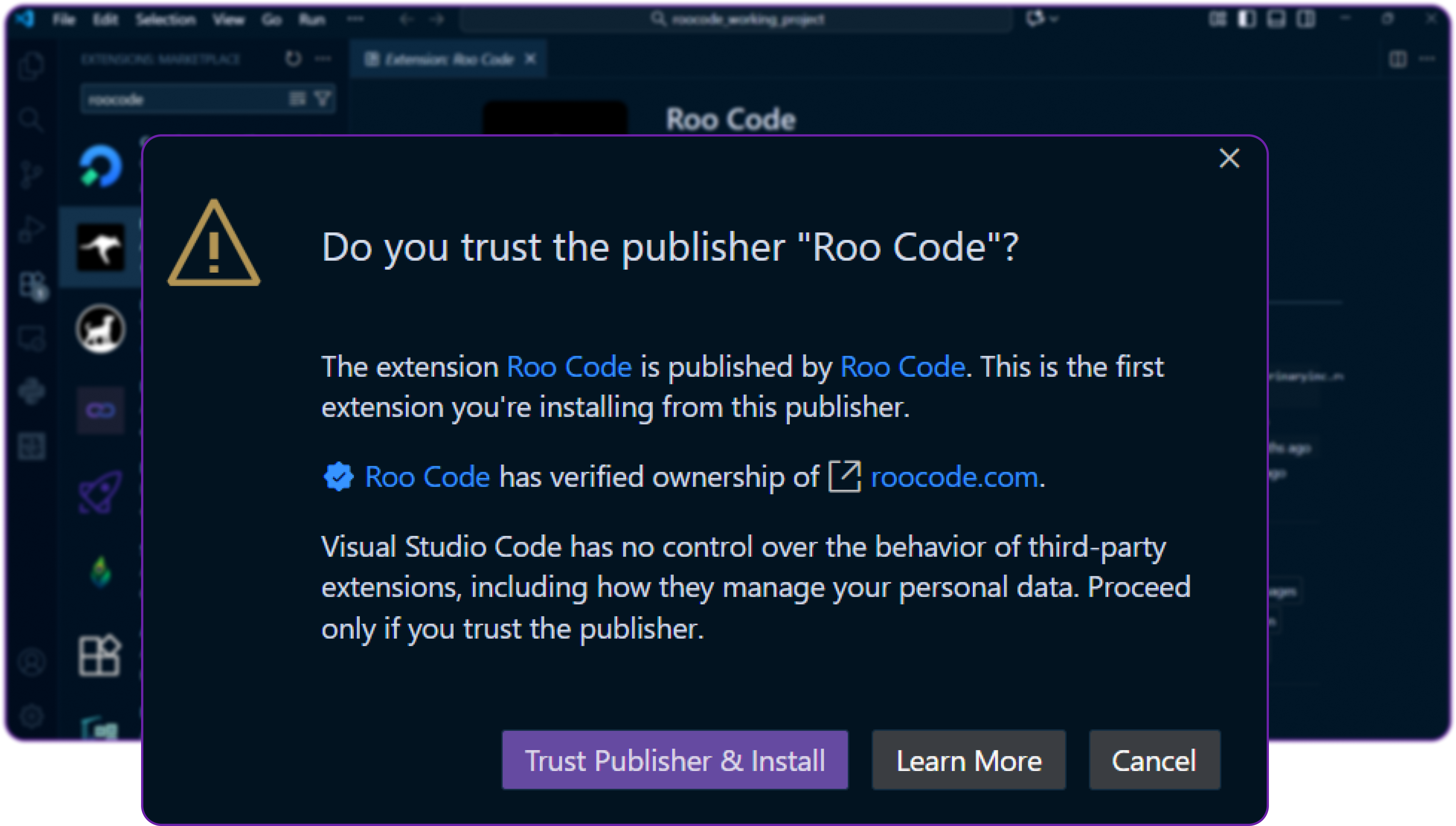 You might be ask to accept the publisher of Roo code extension, just click Accept. Since it's an AI agent, it will need permissions to read and write files in your workspace.