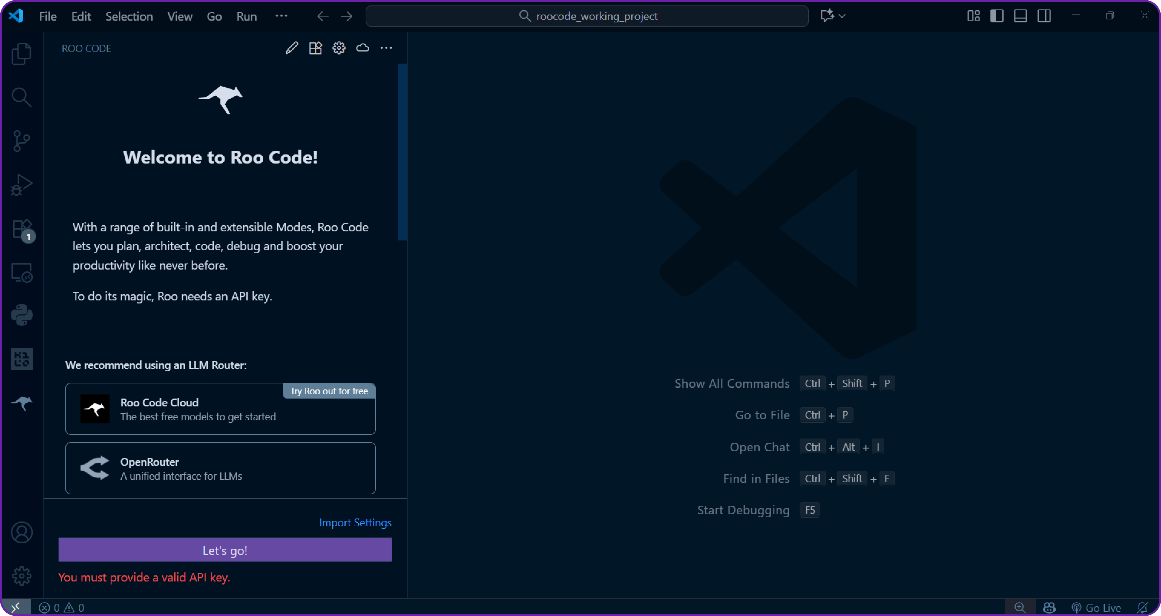 After installation, you’ll see Roo Code appear in your VS Code sidebar. We can now open the RooCode panel to start configuring it.