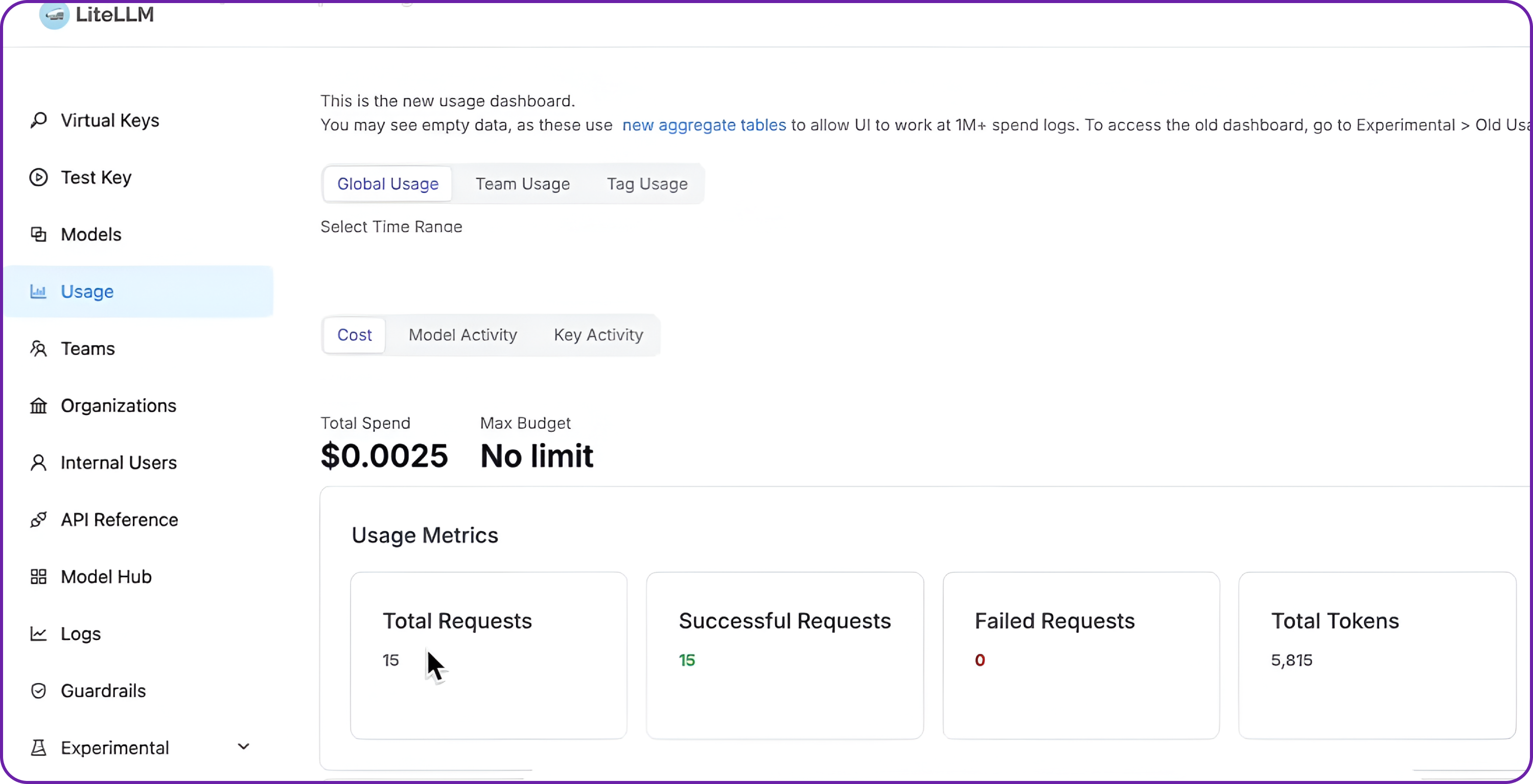 LiteLLM Admin Panel also provide a high level overview of used inference endpoint to review model performance, latency, and error logs from the dashboard.