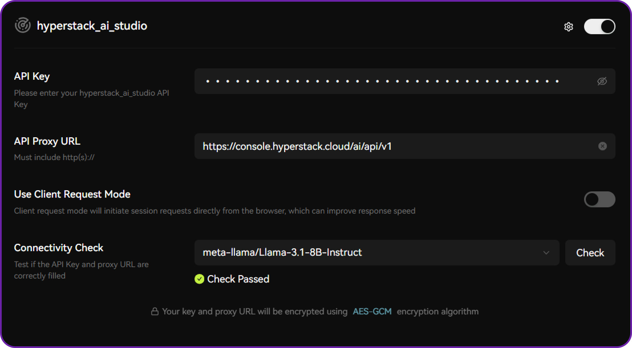 Click Test Connection. If configuration is correct LobeChat will report a successful connection to the Hyperstack endpoint.