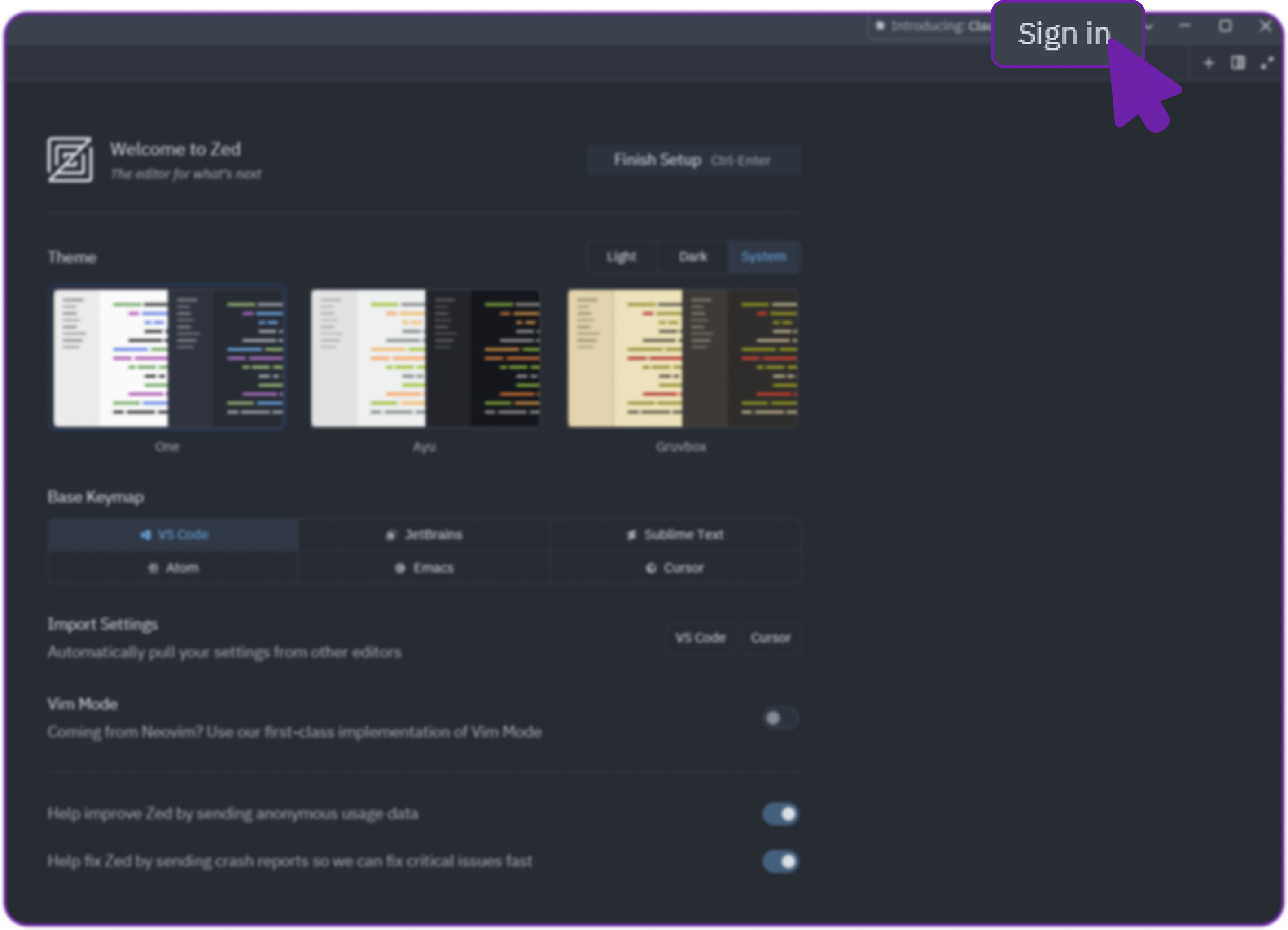 On the first launch, it may ask you to configure basic preferences such as theme, font size, and layout. We need to login using our Github credentials to access LLM based features in our code editor.
