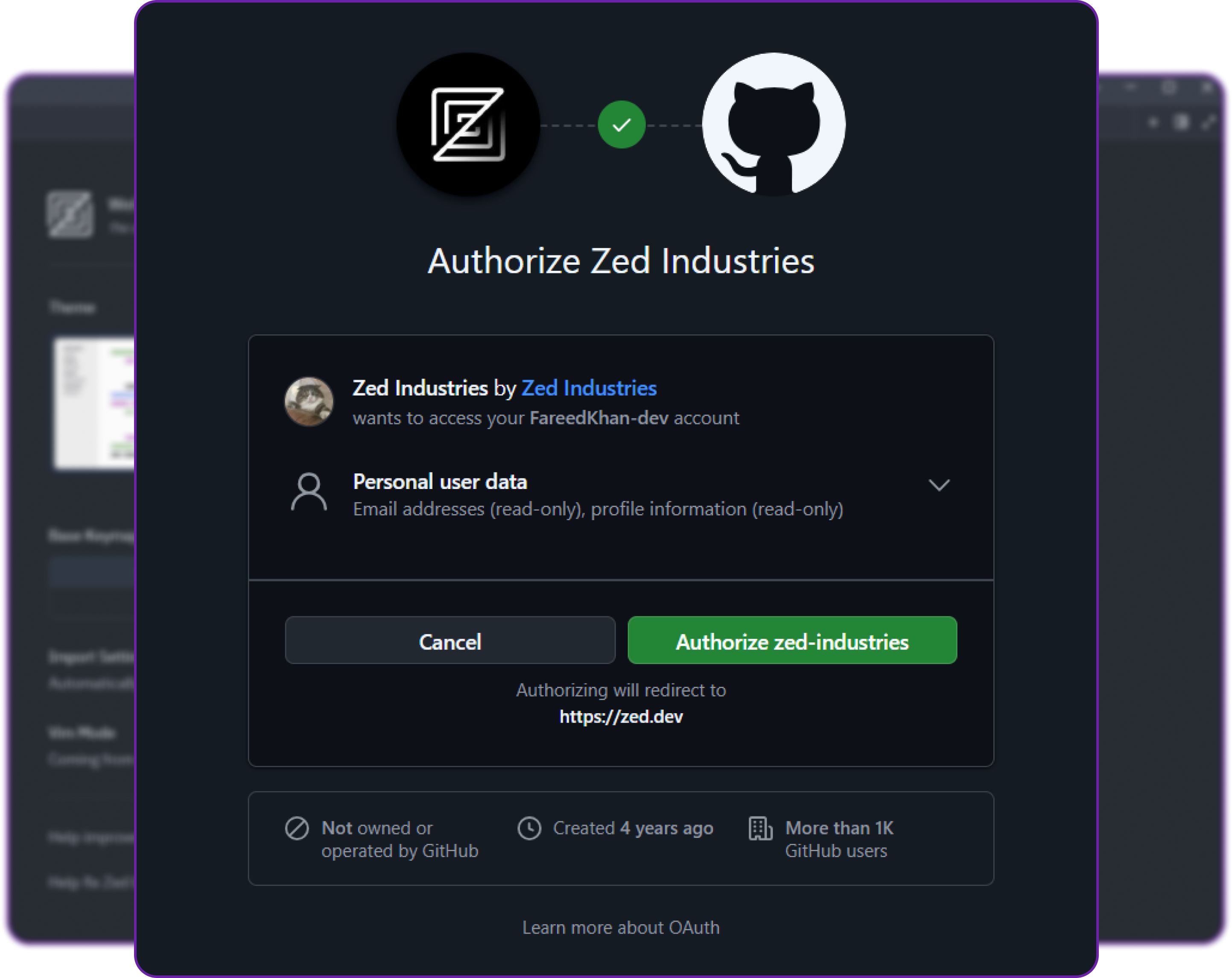 It will ask for basic authorisation of your GitHub account like read only access to email and so on.