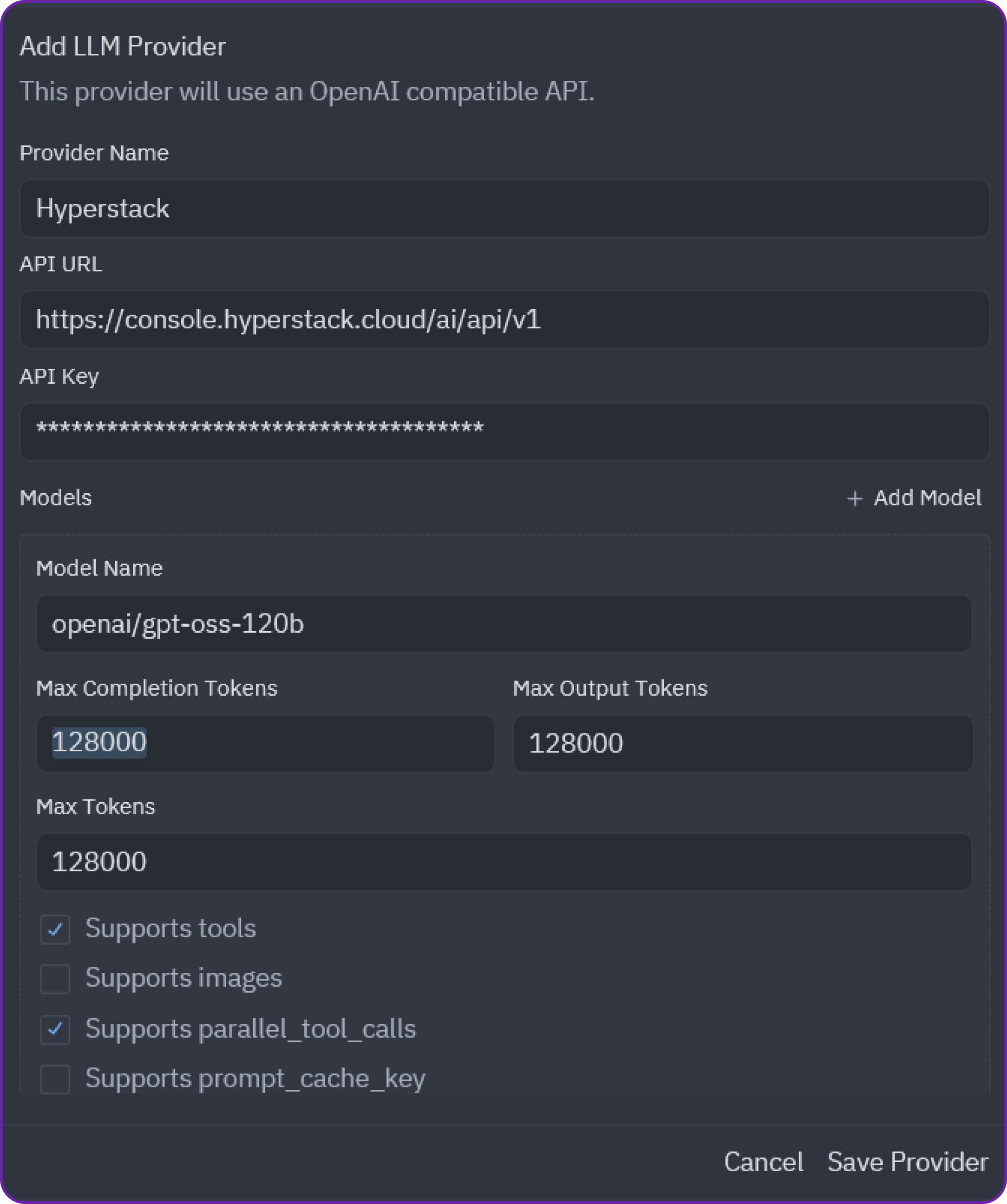 Fill these values in the configuration panel.