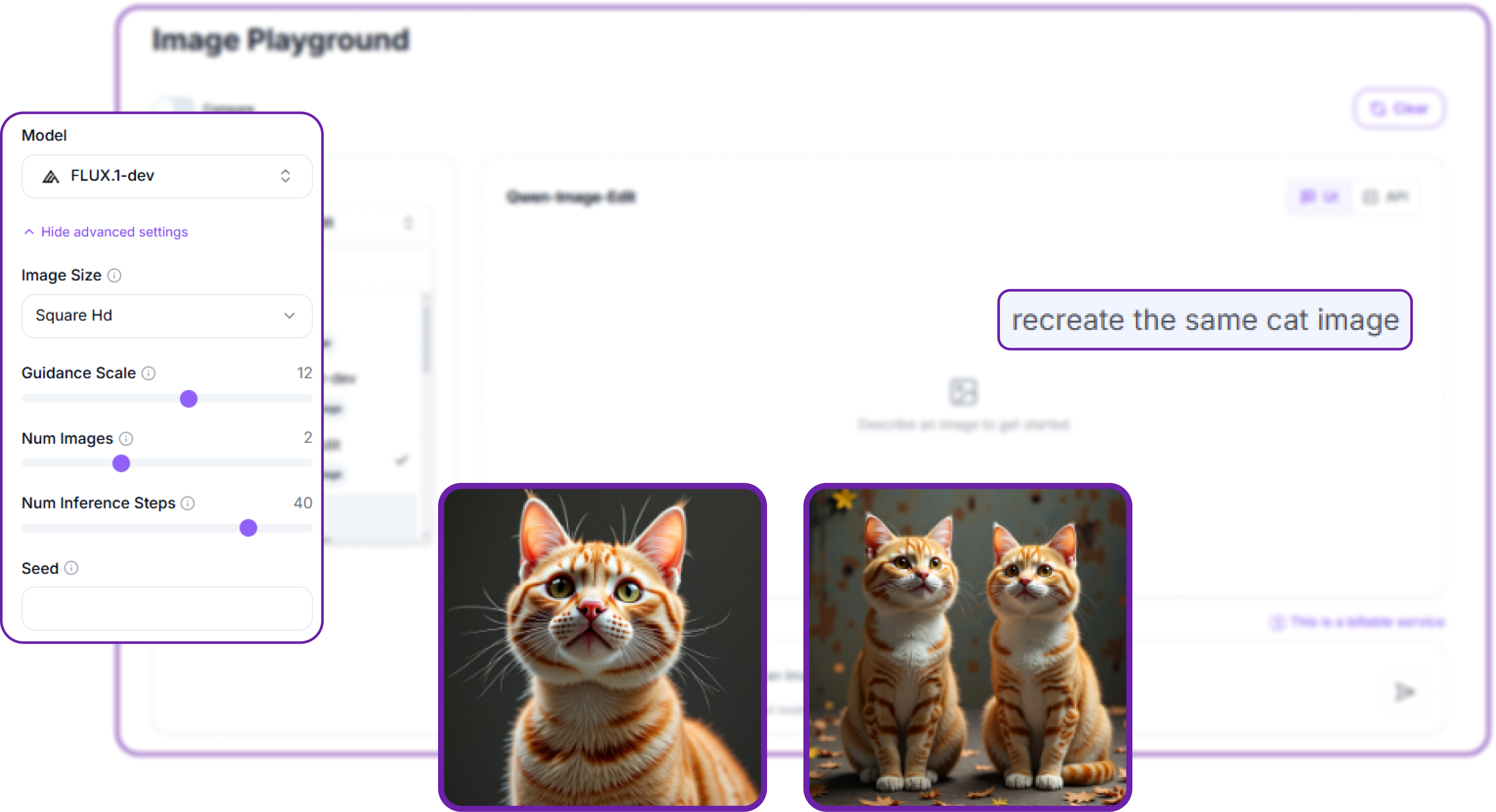 The advanced settings panel: image size, guidance scale, number of images, inference steps and seed