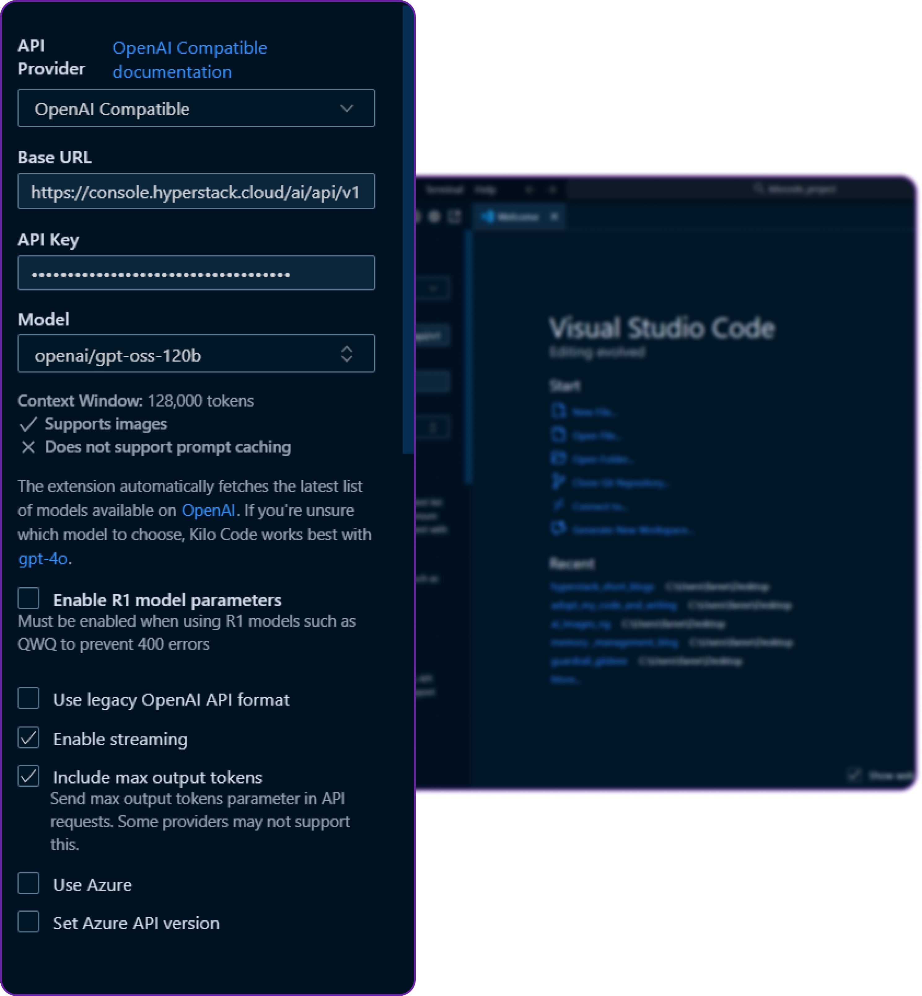 screenshot of kilo code hyperstack config