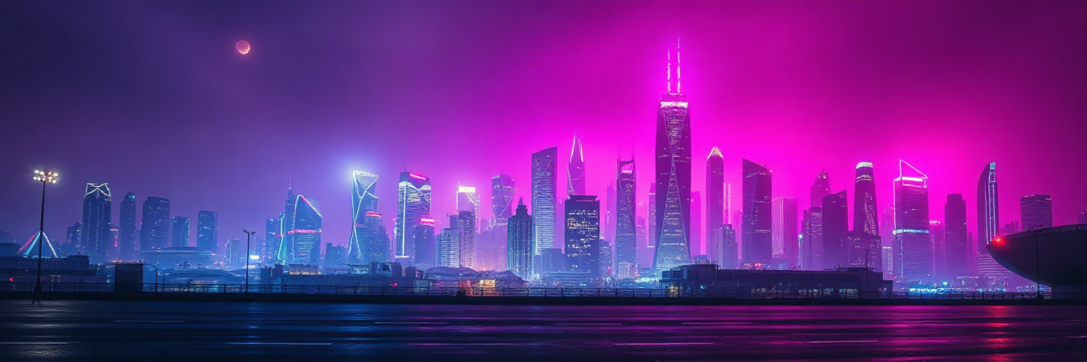 First text-to-image result: a purple neon city skyline at night