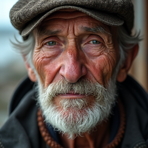 A weathered character portrait, generated by FLUX.1-dev