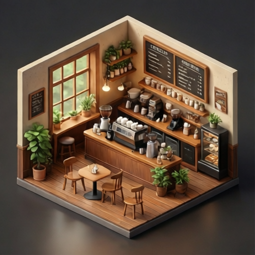 An isometric miniature coffee shop, generated by Qwen-Image-2512