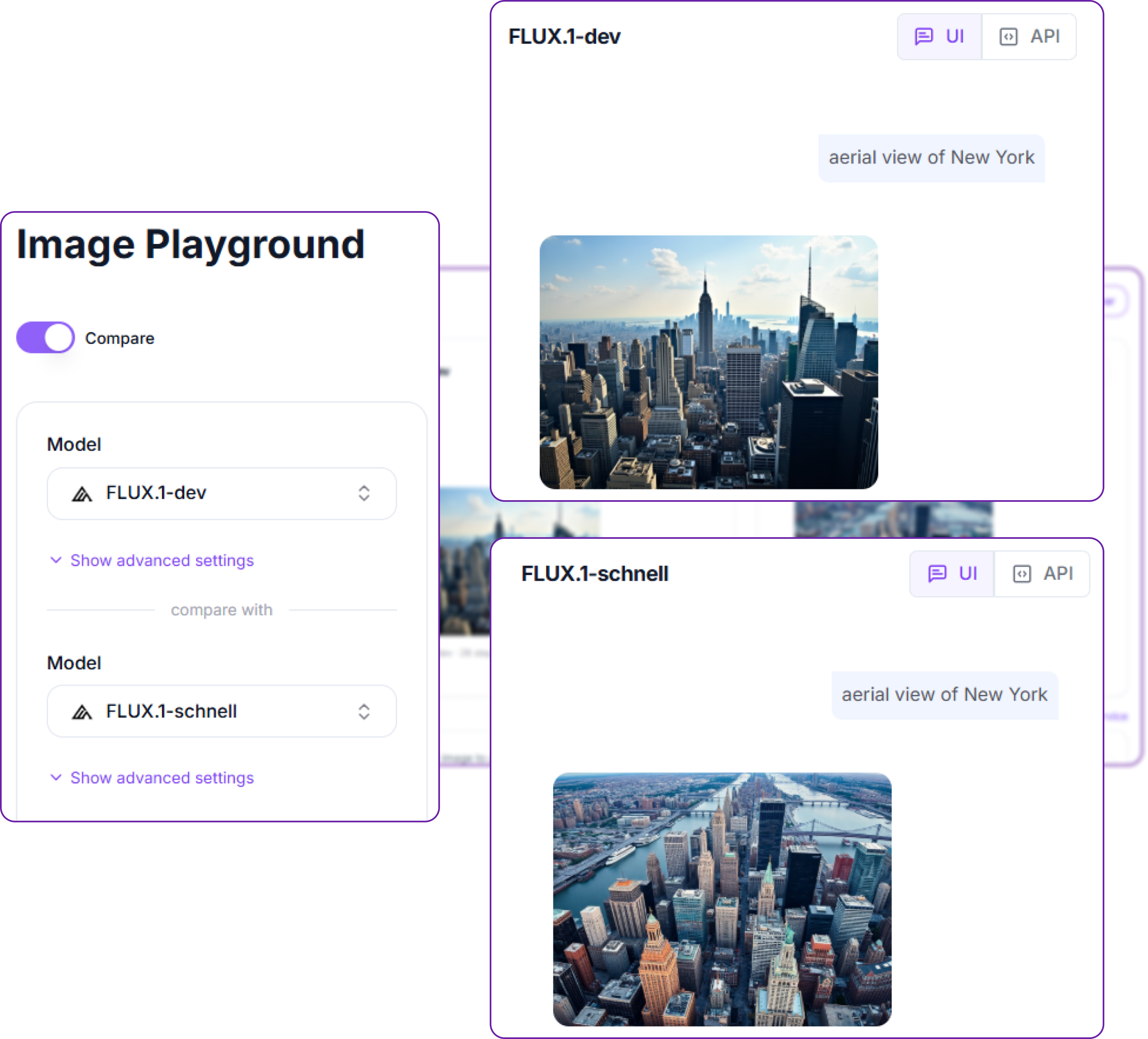 Compare mode showing FLUX.1-dev and FLUX.1-schnell side by side on one prompt
