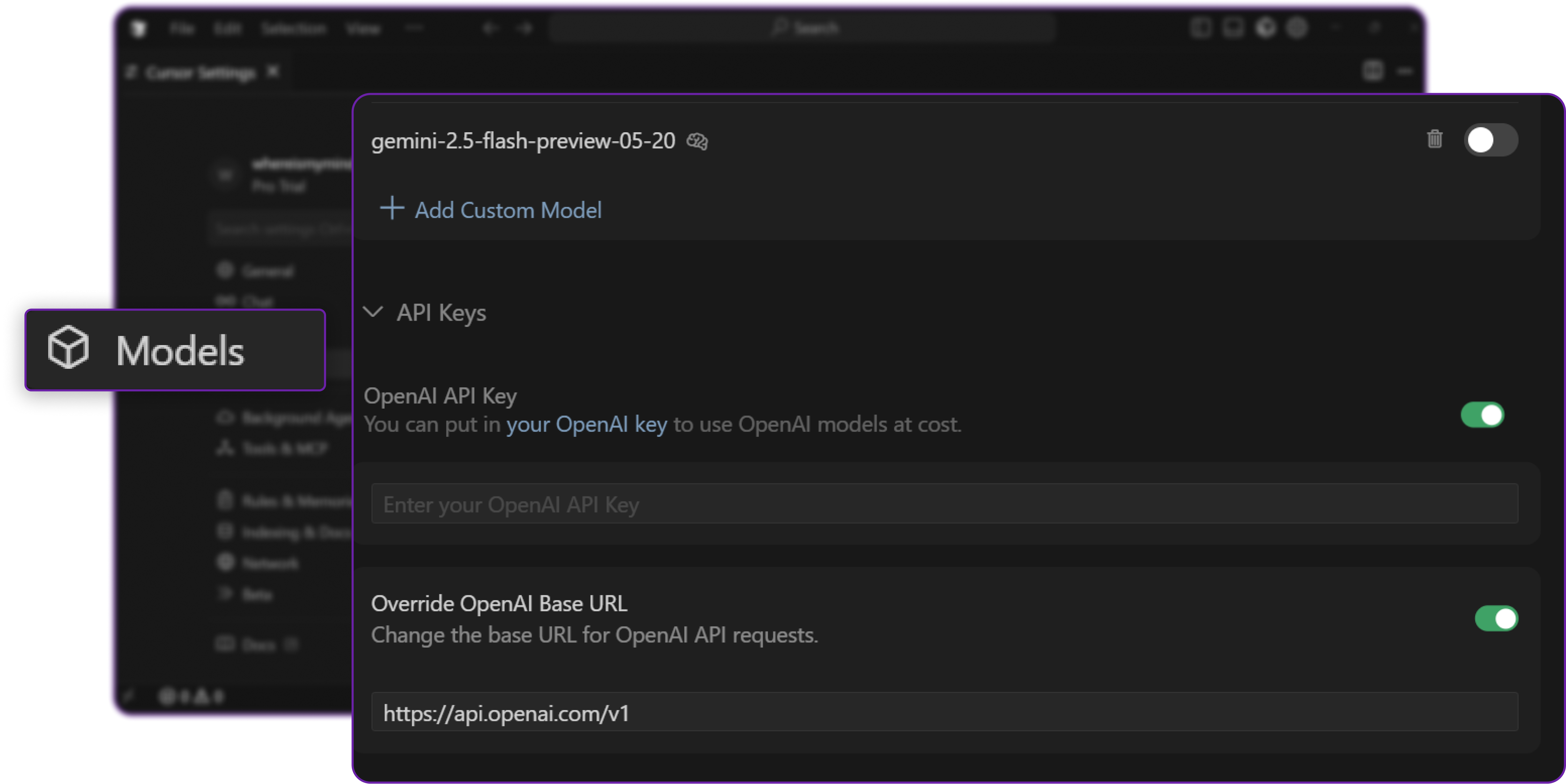 Cursor OpenAI API key and base URL settings