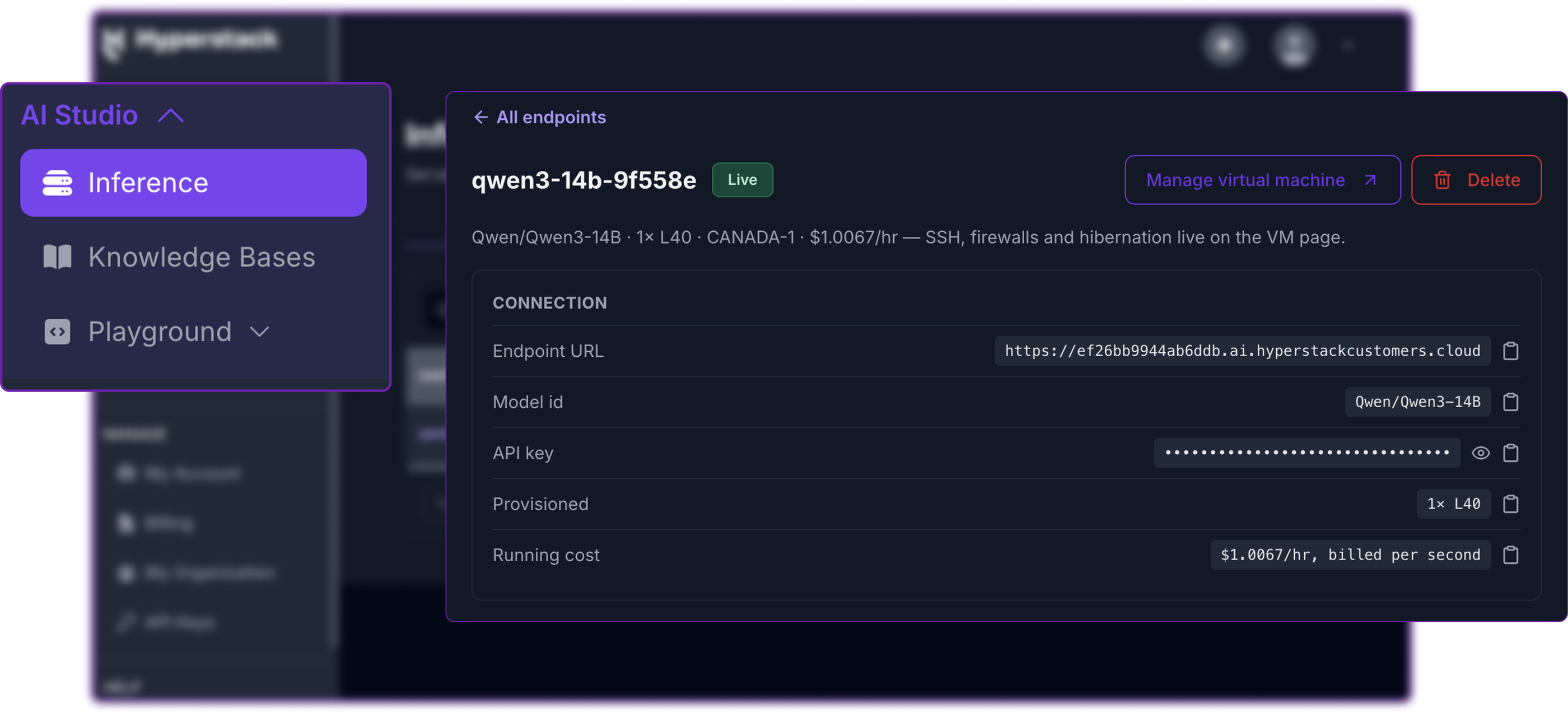 Endpoint page showing the Connection details and the Quick start request