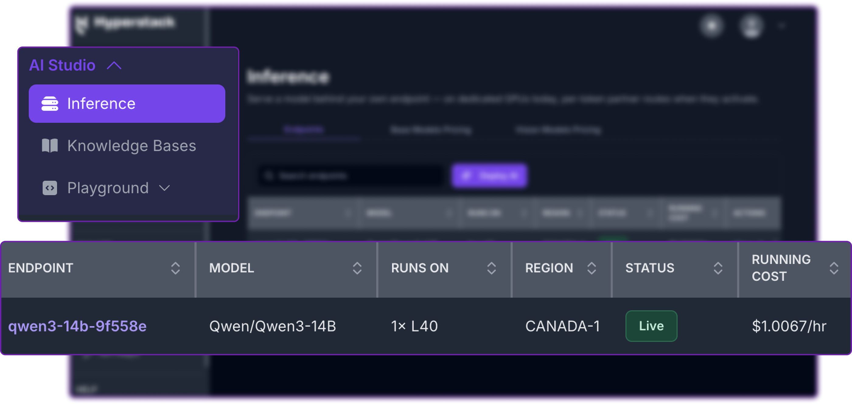 Inference page, Endpoints tab, listing a dedicated endpoint