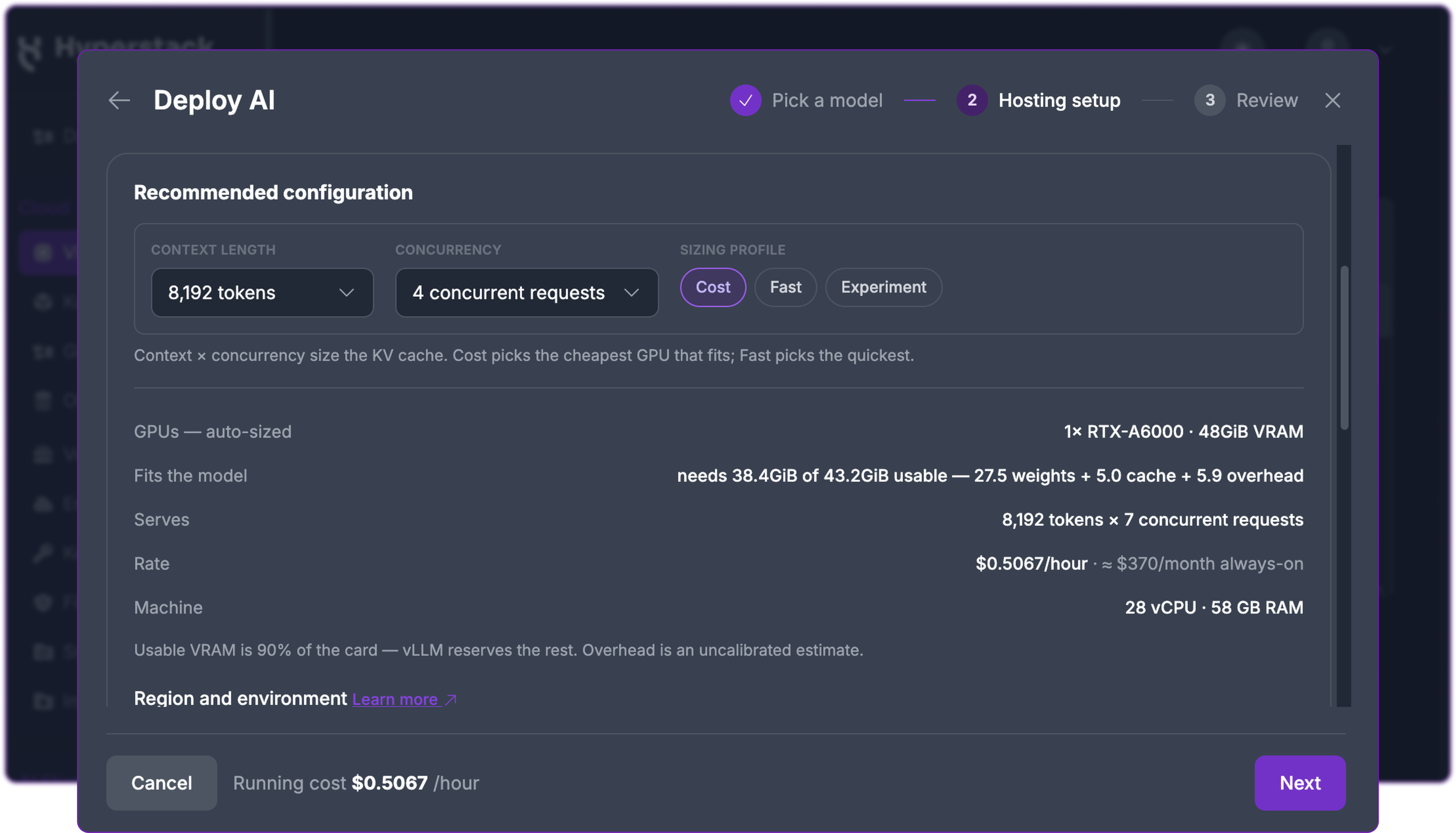 Deploy AI wizard, Hosting setup step, showing the recommended configuration