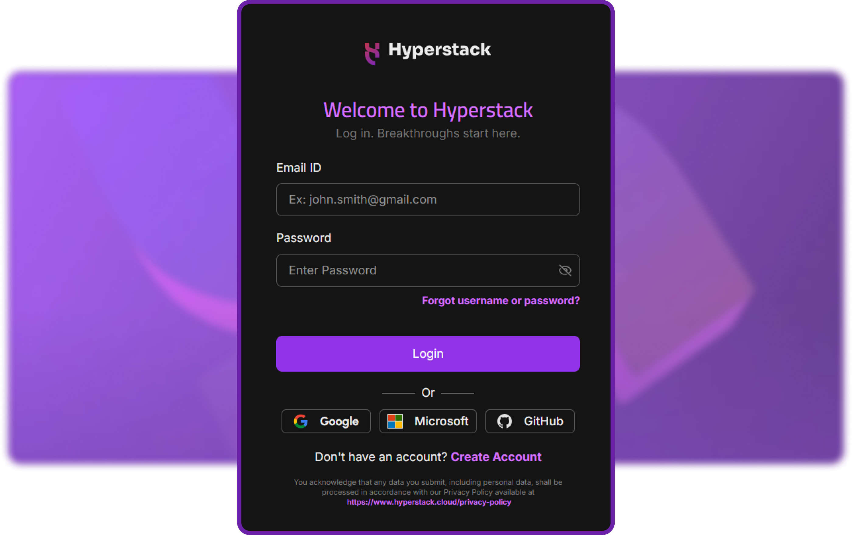 Hyperstack console login screen