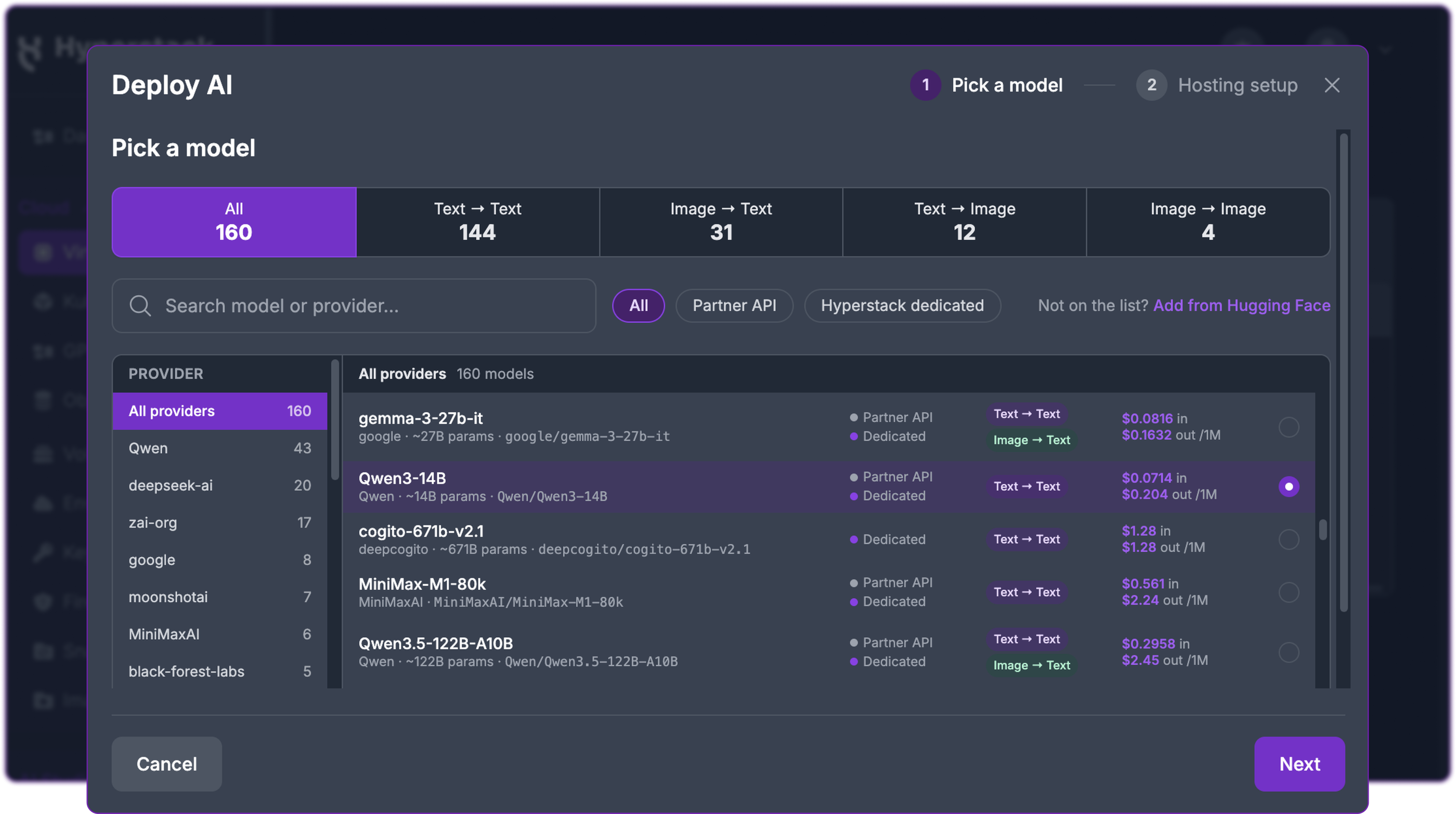 Deploy AI wizard, Pick a model step, with Qwen3-14B selected