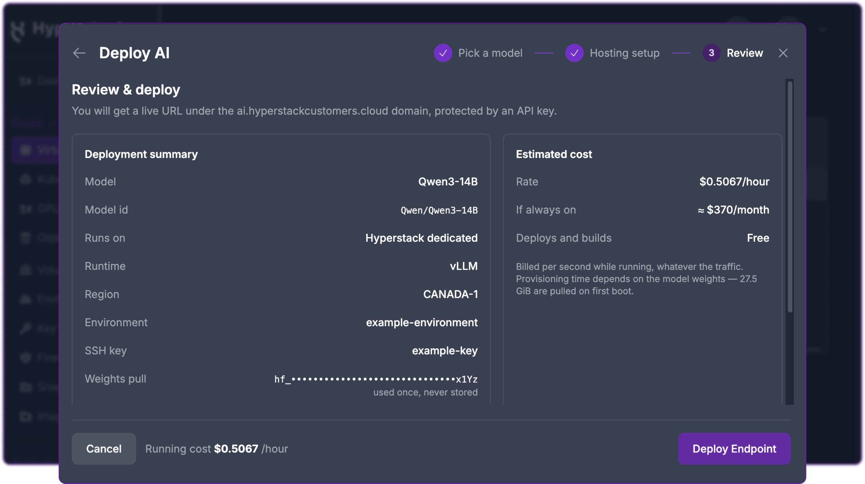 Deploy AI wizard, Review step, showing the deployment summary and estimated cost