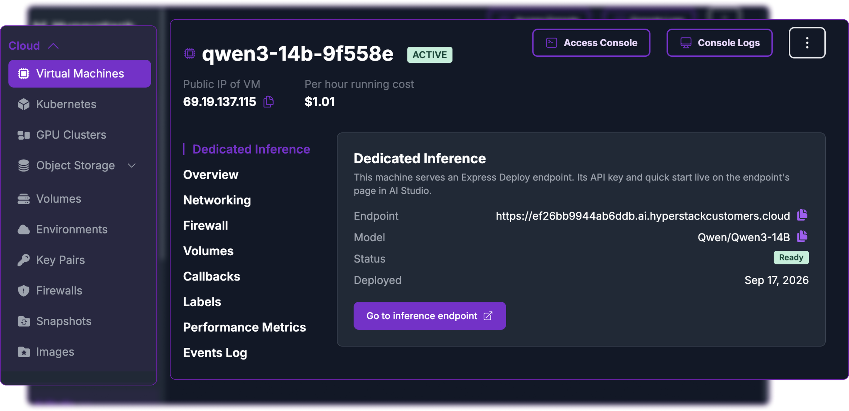 Virtual machine page, Dedicated Inference tab, showing the endpoint it serves
