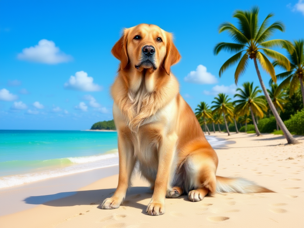 The same retriever placed on a tropical beach