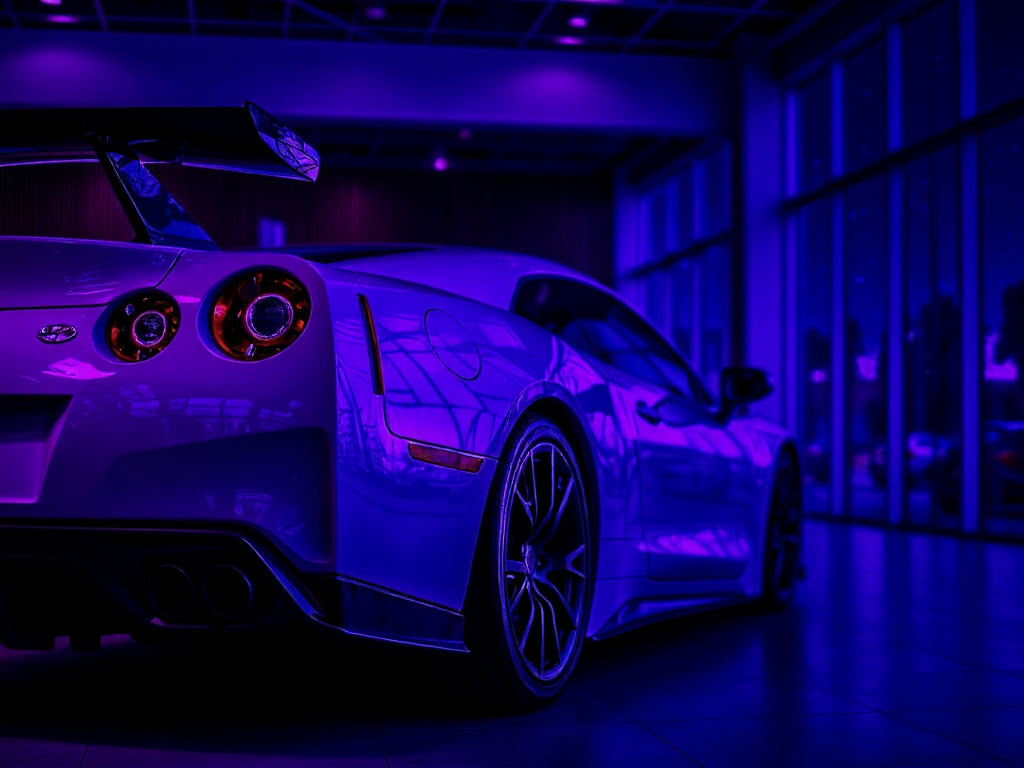 The same sports car relit in neon at night