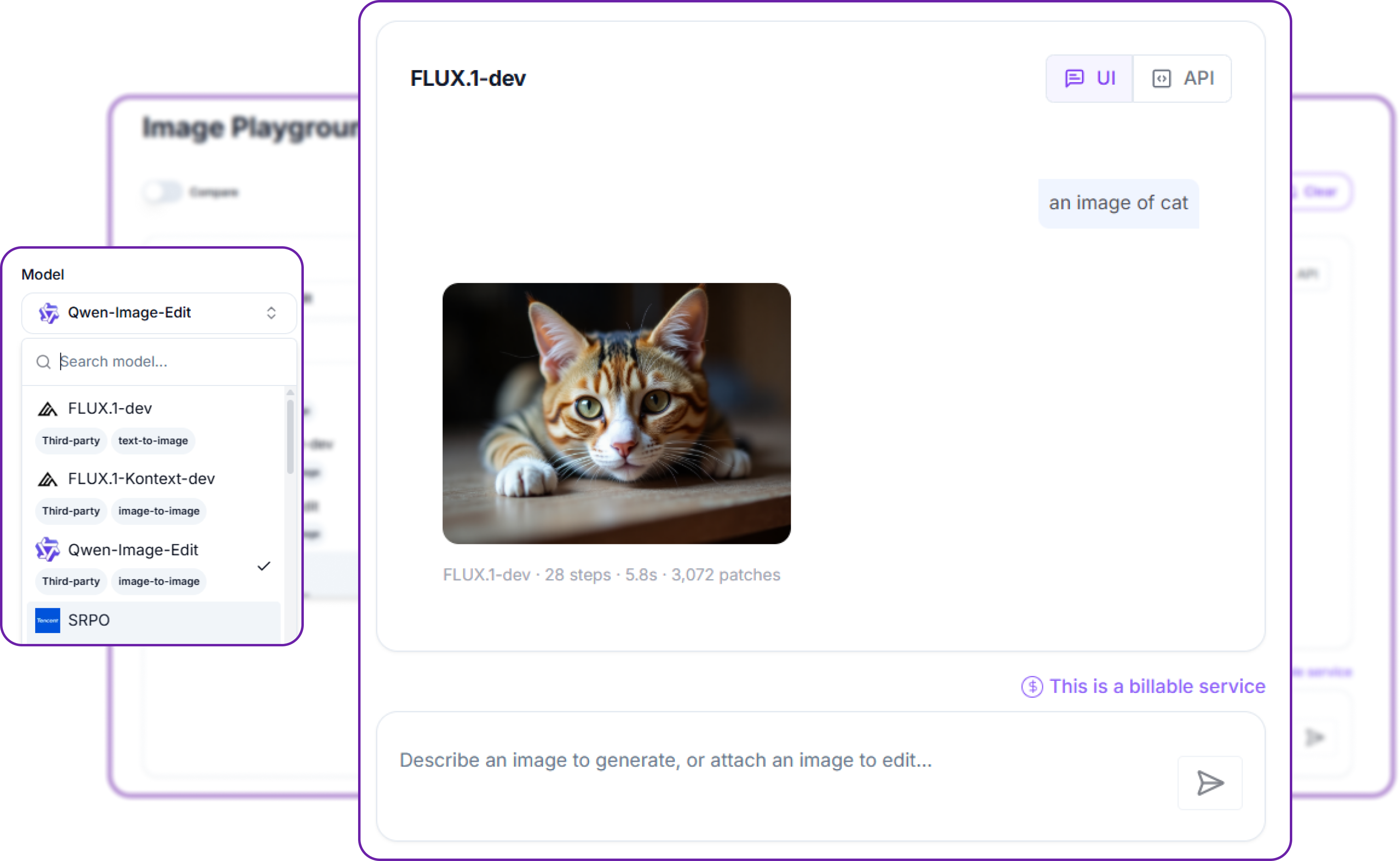 A generated cat image in the Playground, with the model, steps, time and patch count shown beneath it