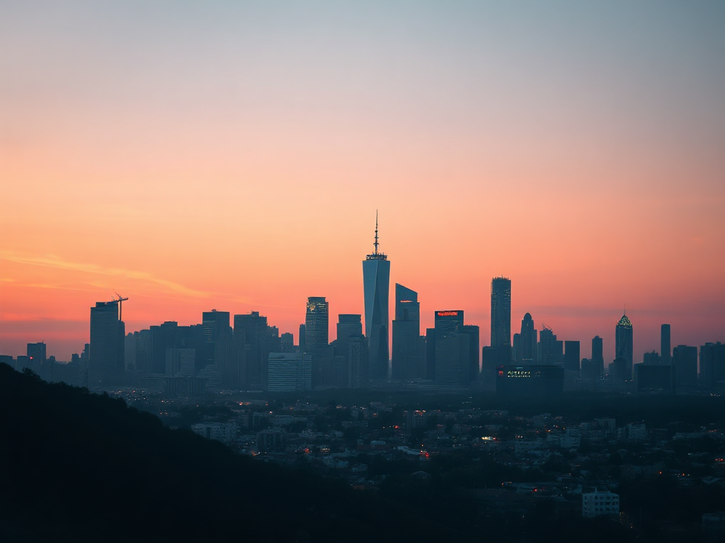 The source city skyline at dusk