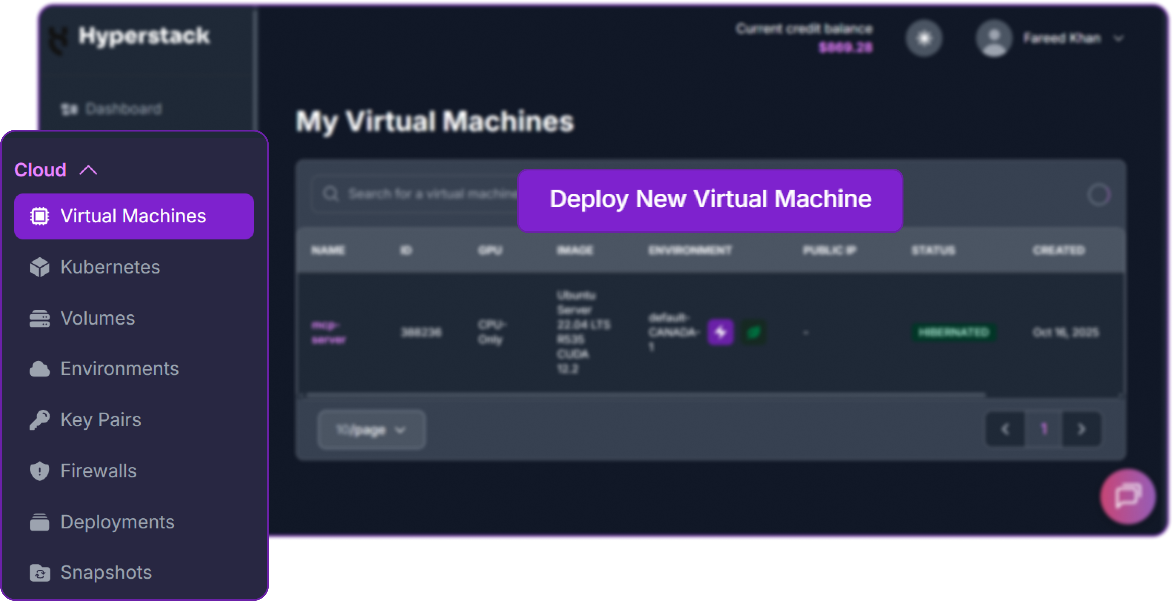 The Deploy New Virtual Machine button on the Hyperstack virtual machines dashboard