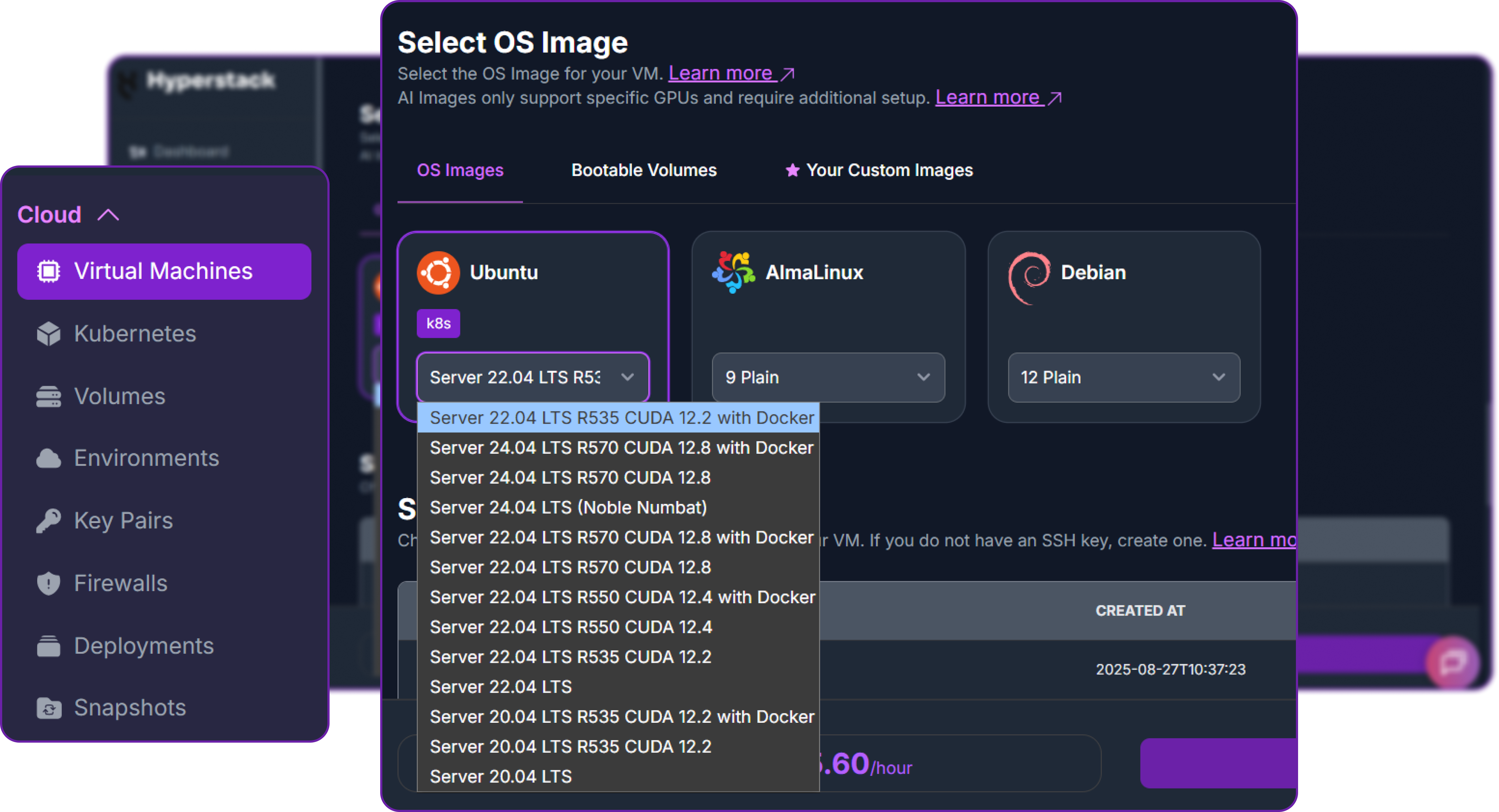 Selecting Ubuntu Server 24.04 LTS R570 CUDA 12.8 with Docker in the Hyperstack OS image picker