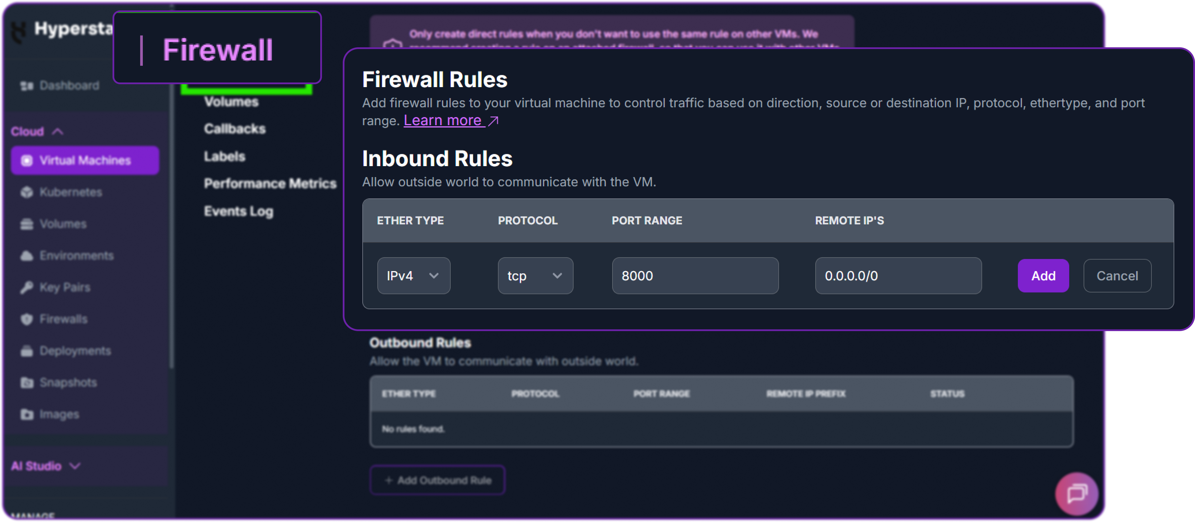 Adding an inbound TCP rule for port 8000 on the Hyperstack Firewall tab for the DeepSeek-V4.1-Flash vLLM endpoint