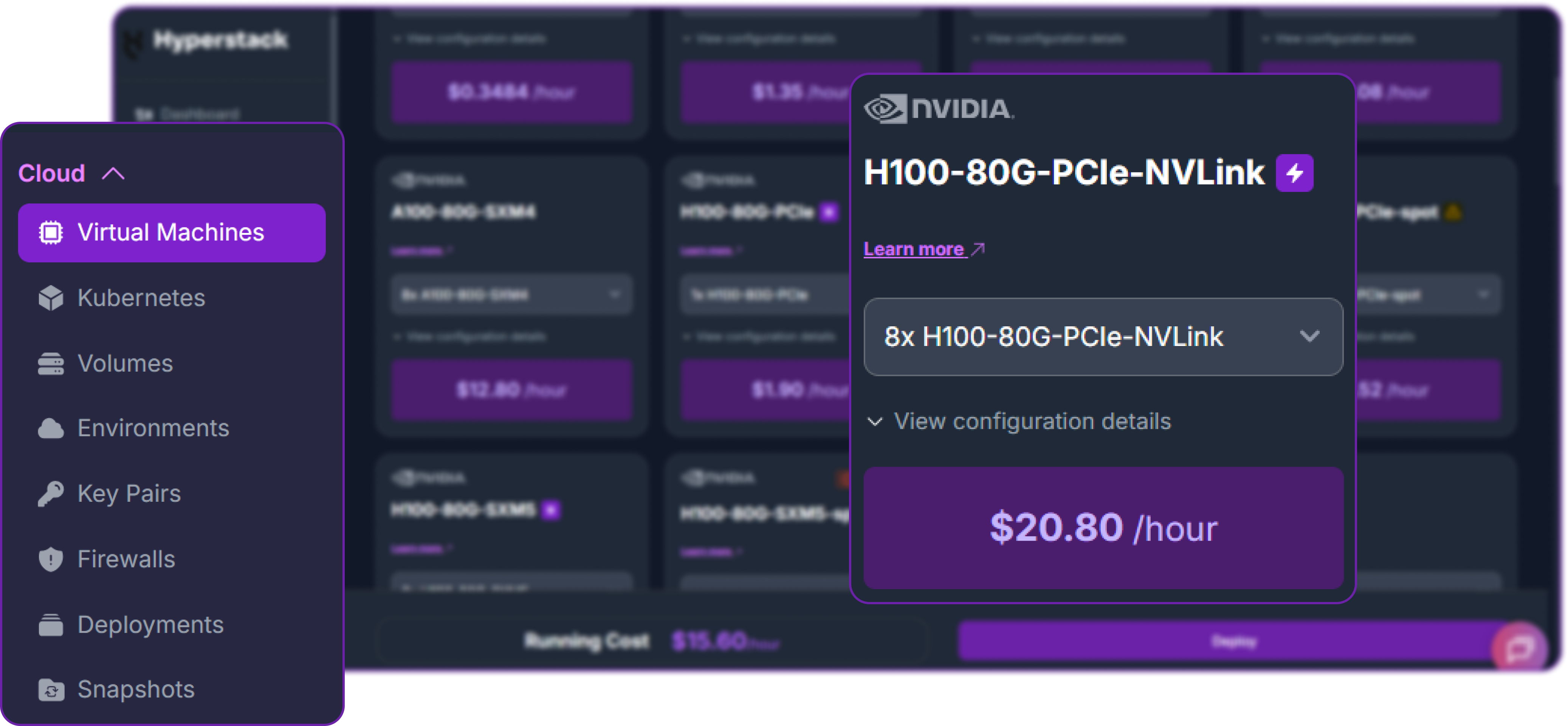 Selecting the 8x NVIDIA H100-80G-PCIe-NVLink flavour in the Hyperstack console to deploy DeepSeek-V4.1-Flash
