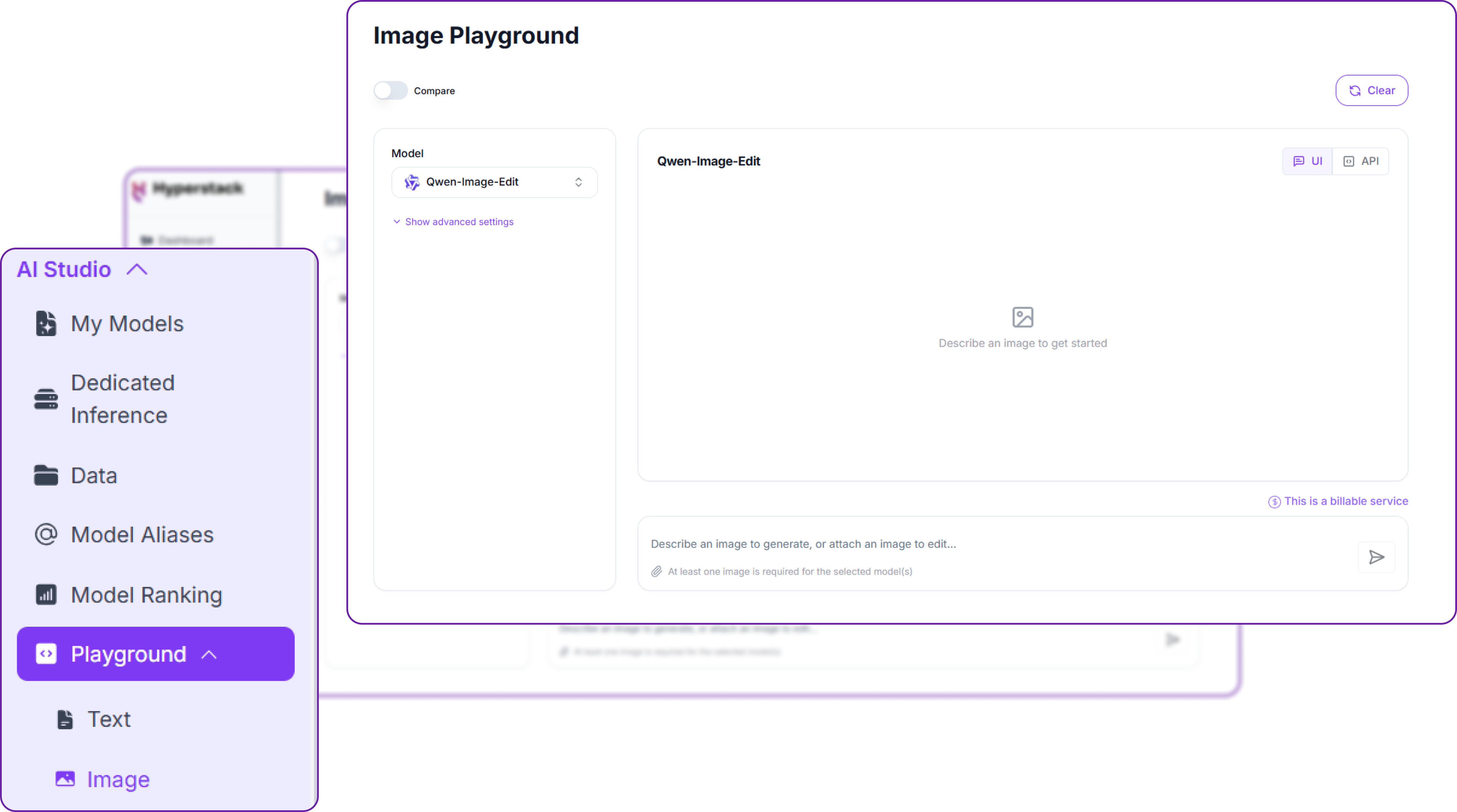 The AI Studio Image Playground, with the model selector, canvas and prompt box
