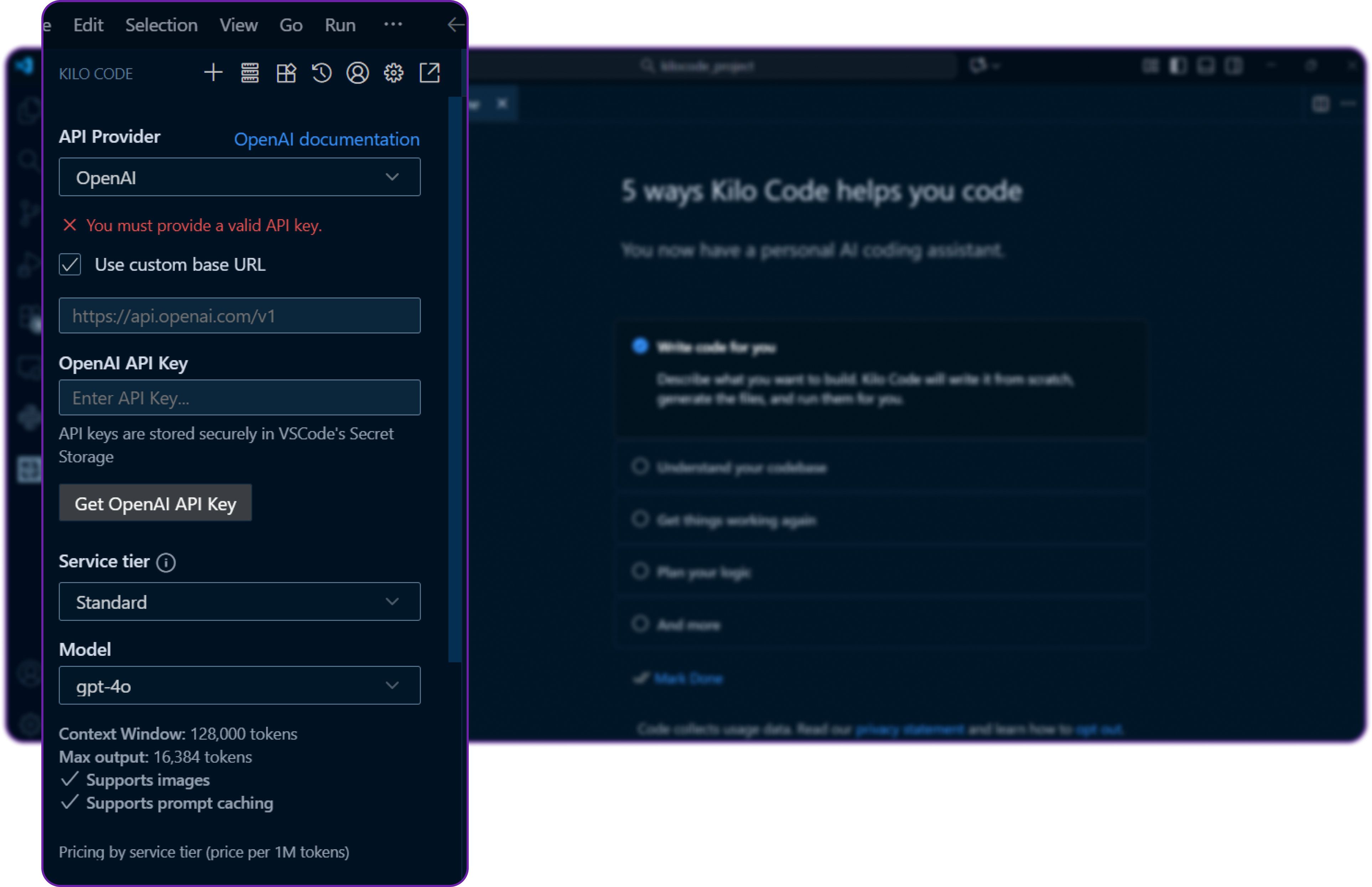 screenshot of kilo code settings