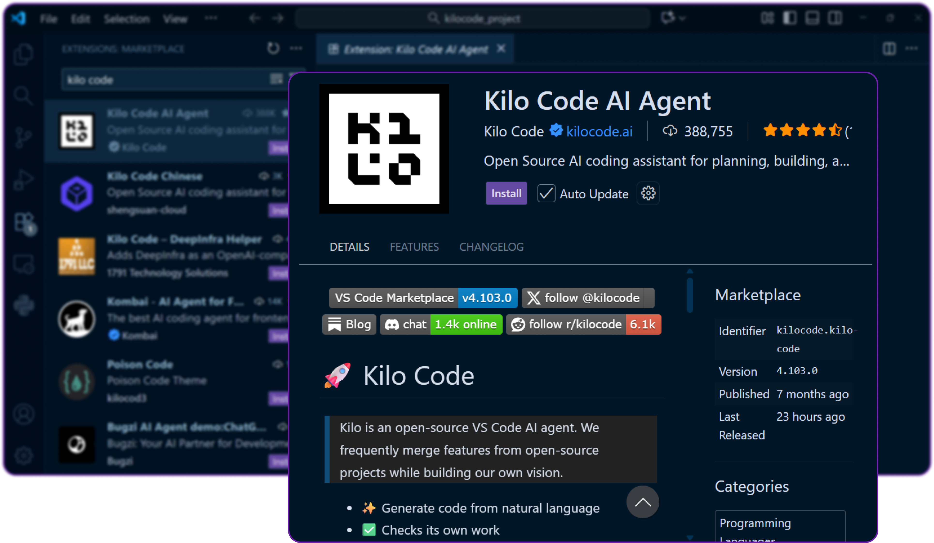 screenshot of kilo code extension