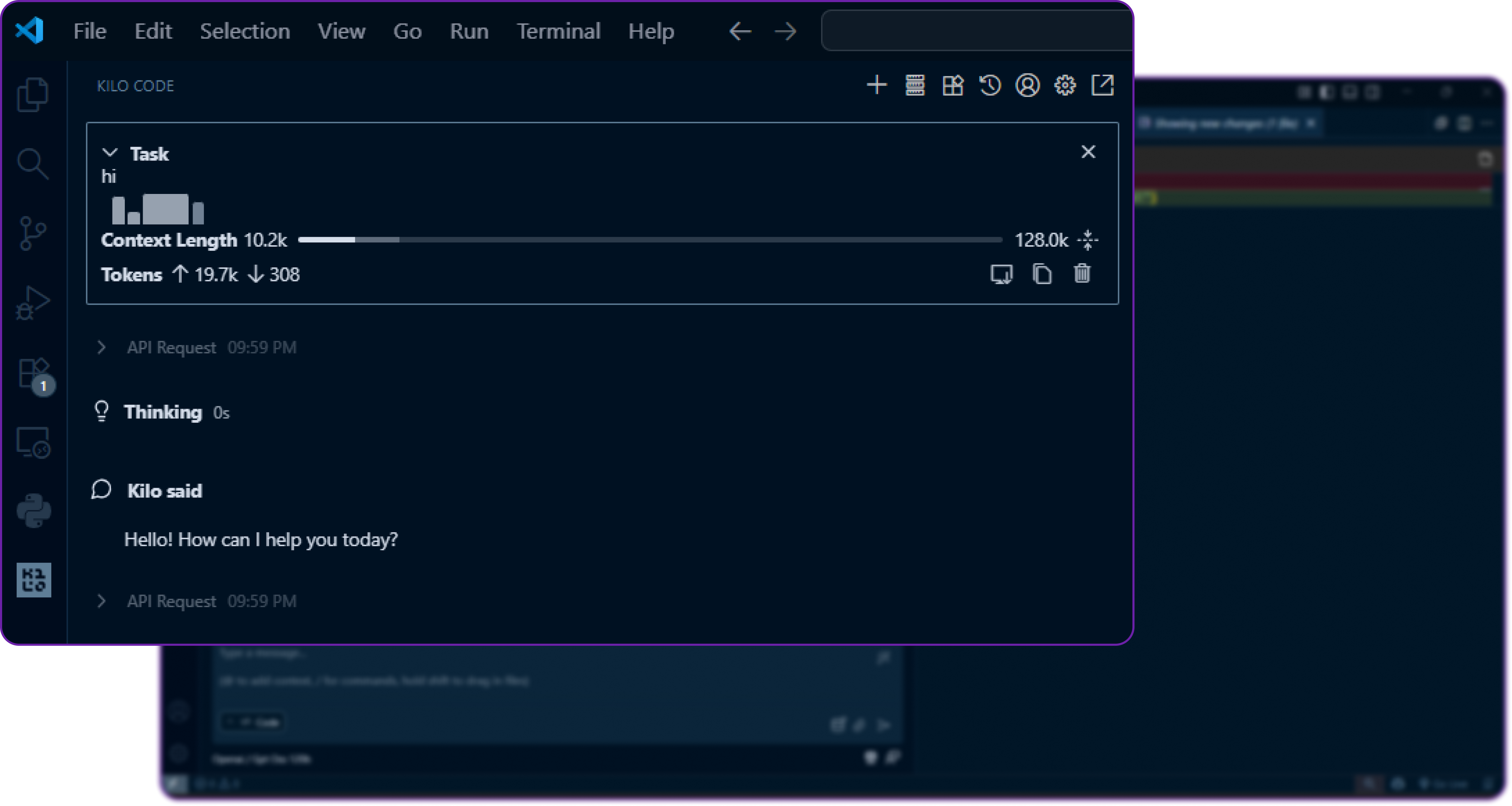 screenshot of kilo code logs