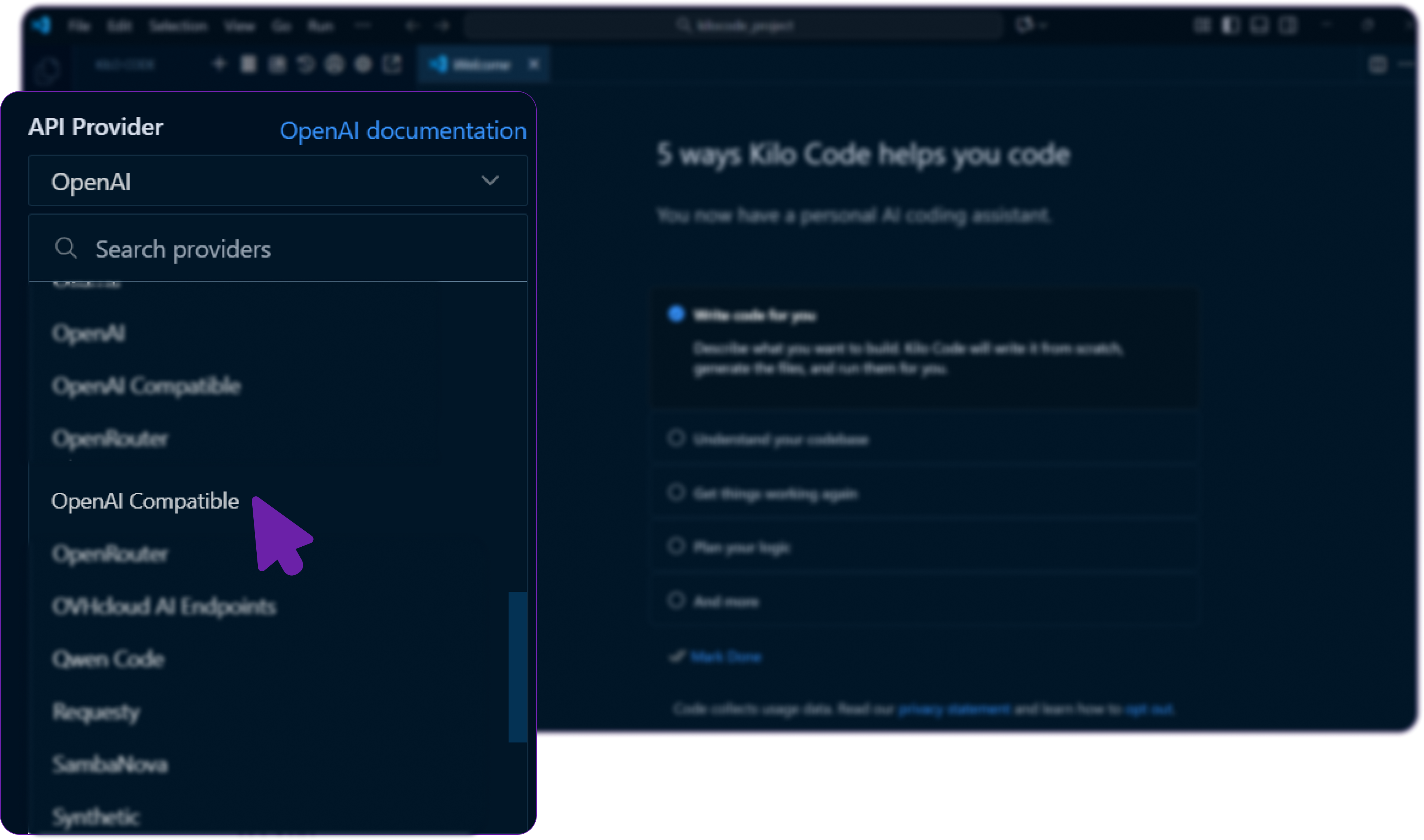 screenshot of kilo code select provider