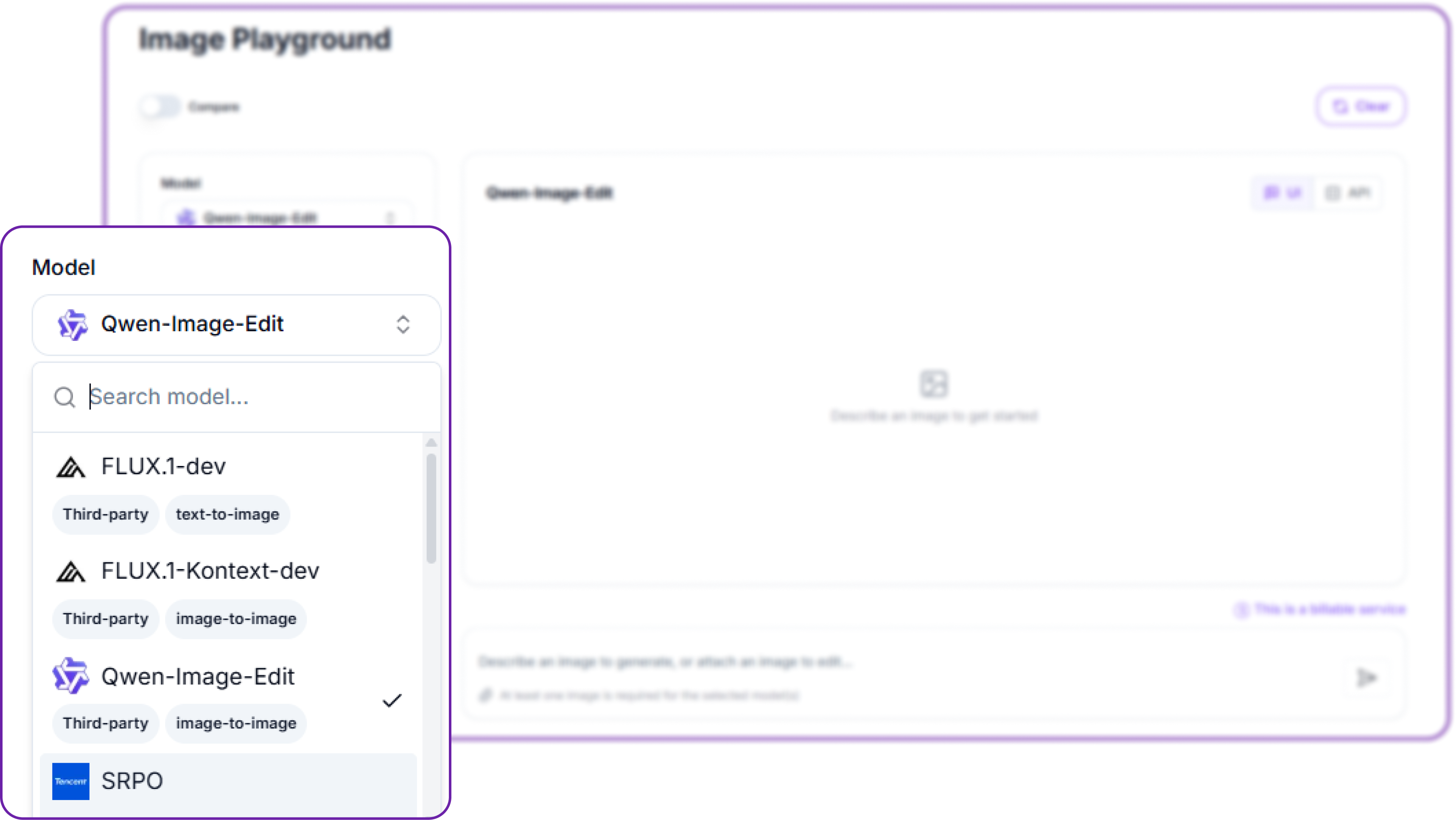The model dropdown, with a search box and per-model task tags