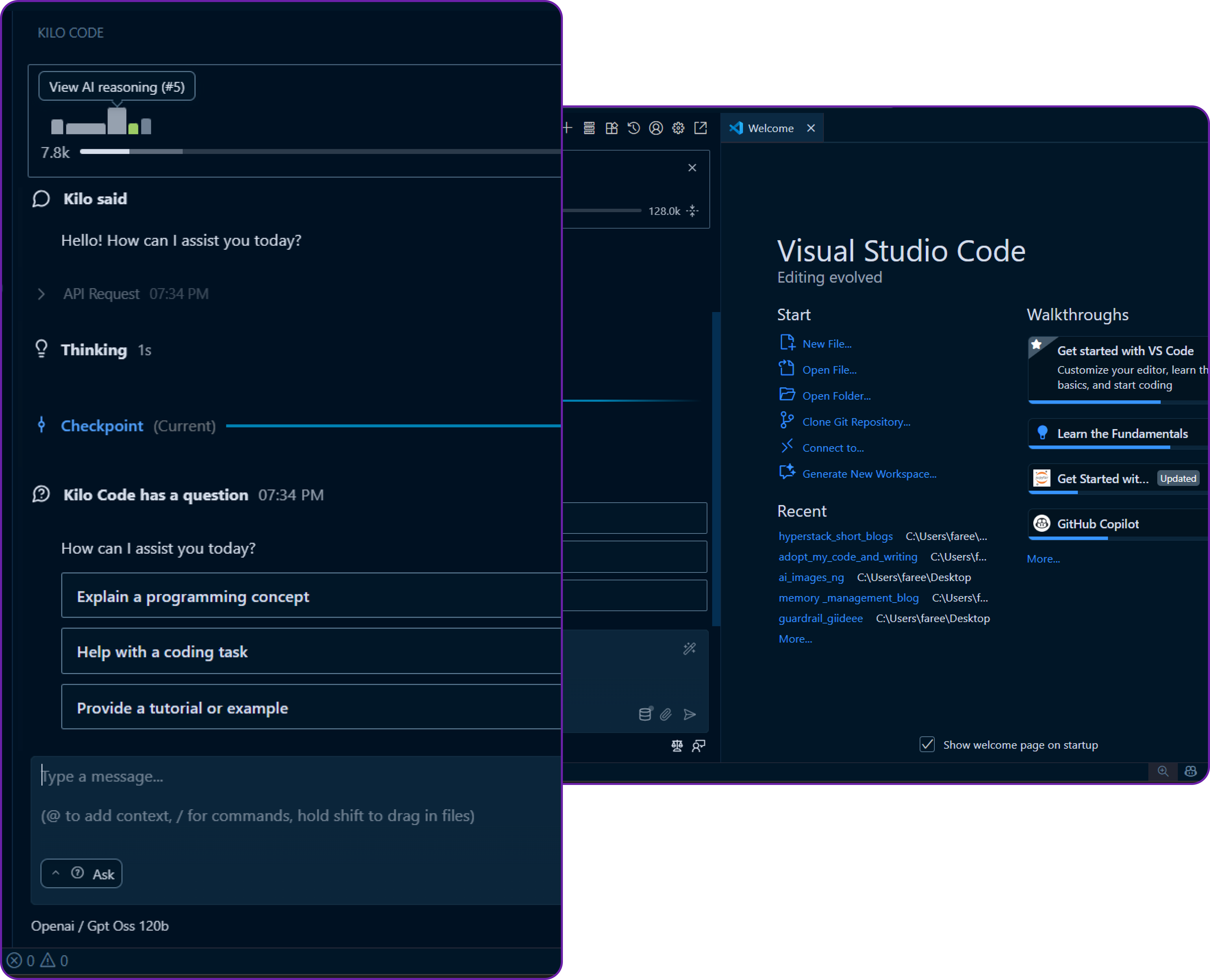 screenshot of kilo code ask hi