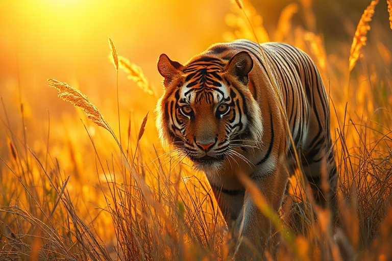 A tiger at sunrise rendered at a custom 768 by 512 size