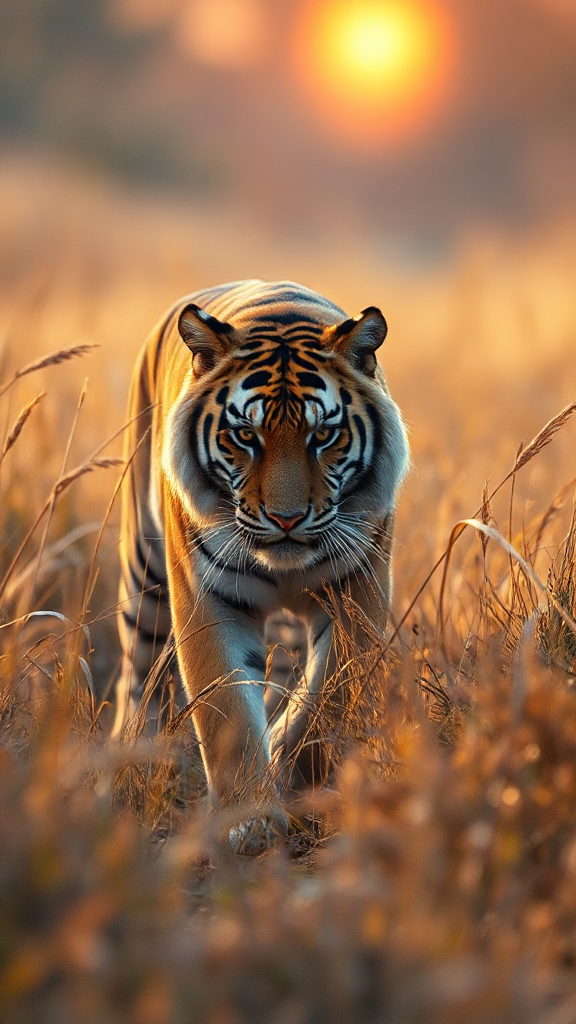 A tiger at sunrise rendered at portrait_16_9, 576 by 1024