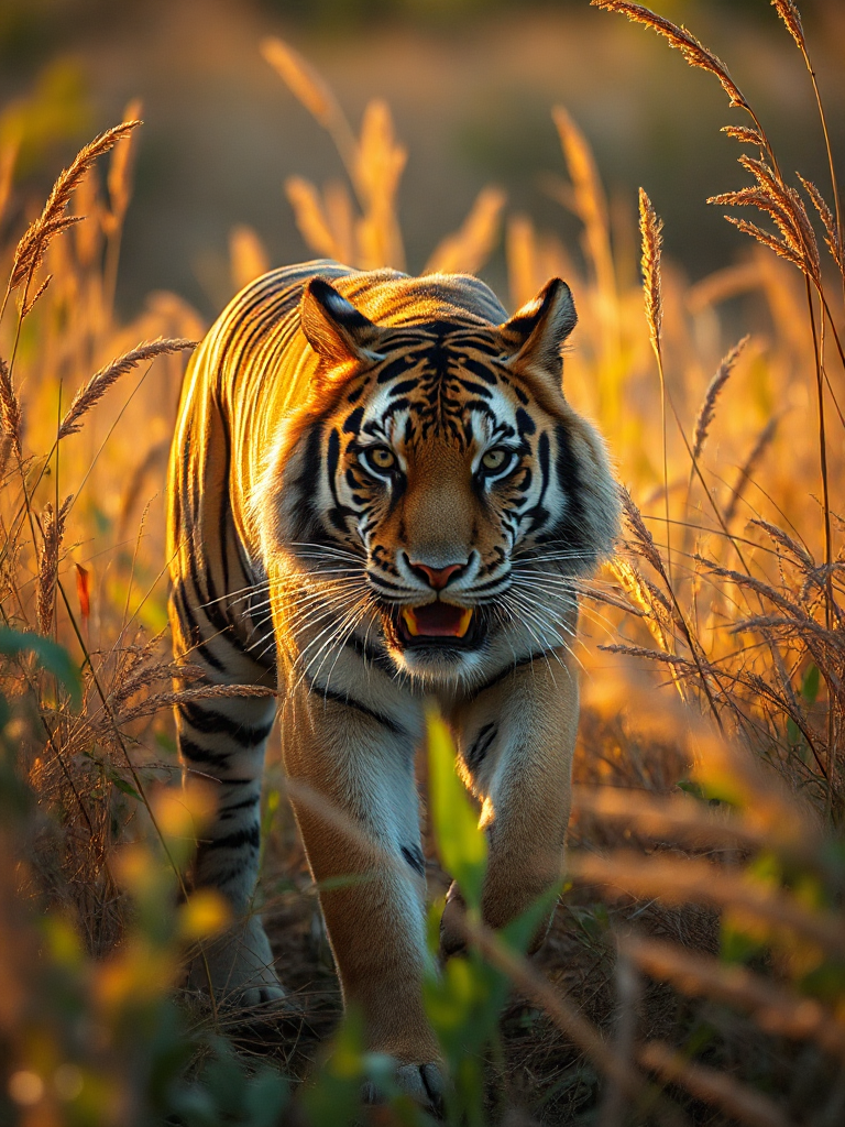 A tiger at sunrise rendered at portrait_4_3, 768 by 1024
