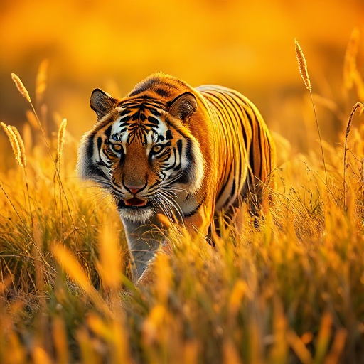 A Bengal tiger in tall grass at sunrise, generated on Hyperstack AI Studio